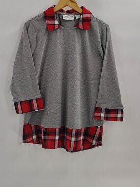 Country Store Catalog Pullover Top Size Large Gray Plaid Trim